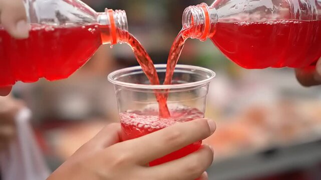 Pouring Red Drink From Two Bottles Into One Cup.
