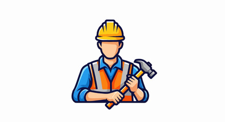 Fototapeta premium A construction worker wearing a hard hat and safety vest holds a hammer