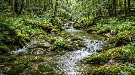 Fototapeta premium A serene, crystal-clear stream flows over vibrant green mossy rocks in a lush, ancient forest. Sunlight filters through the dense canopy, highlighting the peaceful wilderness.