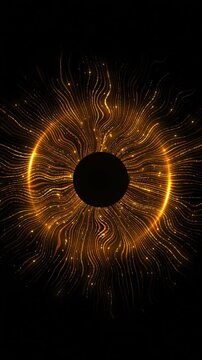 Orange luminous vortex circular black center, wave lines, sparkling dots, solar energy cinematic titles, festival visuals, meditation videos, technology promos, logo reveals, magic overlays, cosmic