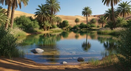 Obraz premium Serene Oasis with Palm Trees and Tranquil Water in Desert Landscape