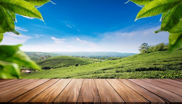 wooden table top with blurry tea plantation landscape againt blue sky and blured green leave frame product dispaly stand background concept