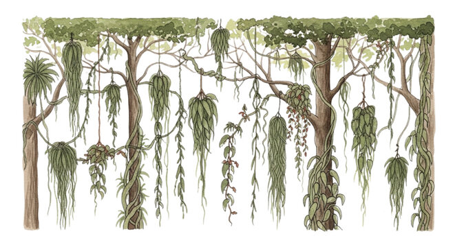 Lush tropical trees adorned with an abundance of diverse hanging plants and intertwined vines, creating a vibrant jungle canopy scene
