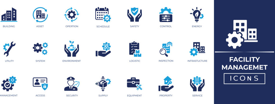 Facility management icon set with building, operation, security, cleaning, maintenance, asset, service, utility and more. Solid vector icons collection.