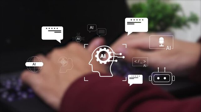 AI agents interaction concept with hands typing on keyboard showcasing digital communication and intelligent software systems.