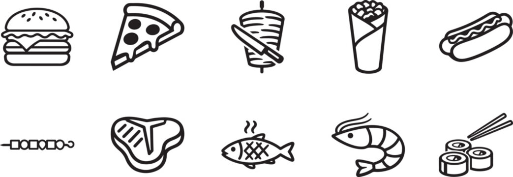 Street food and restaurant icon set in thin line style, editable stroke vector for menu and UI use