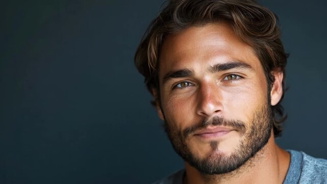 Smiling young caucasian man with beard and dark hair against dark background