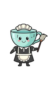 A cartoon teacup dressed as a maid, holding a mop, with rosy cheeks and a happy expression