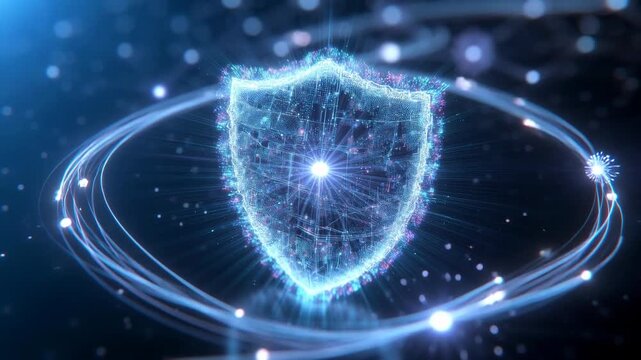 A glowing digital shield in neon style on a dark backdrop representing data protection and cybersecurity concept