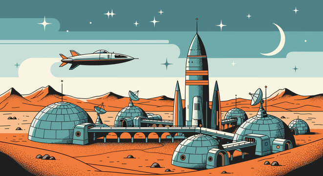Retro futuristic space colony on mars with rocket ship and domes, Generative AI.