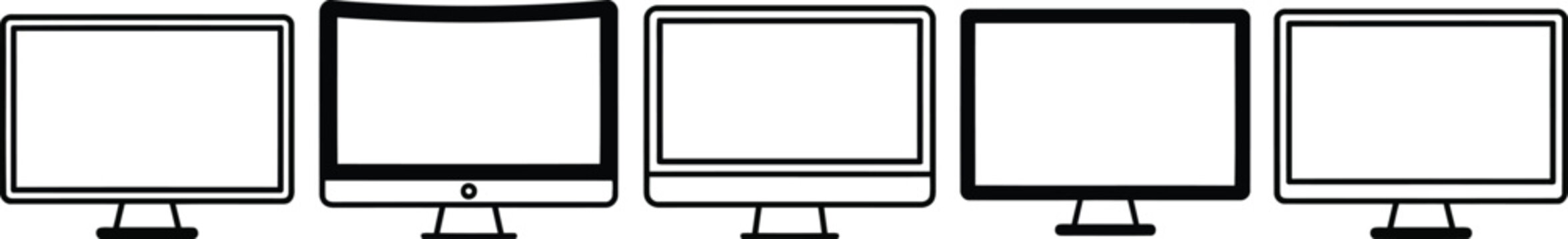 Set of five computer monitors with screens in various styles, some transparent for design use.