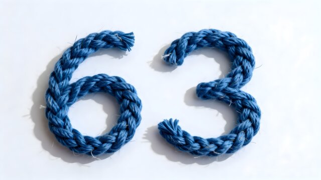 Number 63 Formed with Blue Braided Rope on White Background