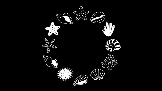 Summer frame Sea shells and marine icons rotating circle animation on transparent background white outline ocean elements starfish coral spiral shells loop motion for beach theme design