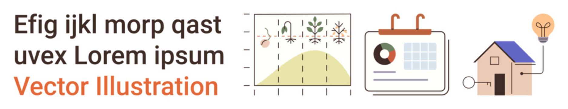 Data tracking, renewable energy, planning tools, sustainability, eco homes, and analysis. A graph, calendar house and light bulb icon with clean designs. Data tracking and renewable energy concept