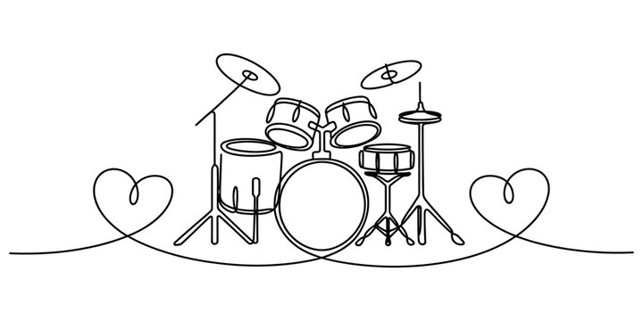 Continuous single line drawing of a drum kit with decorative heart shapes on both sides representing a love for music and playing percussion instruments