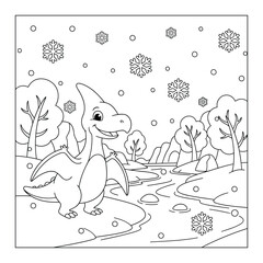 Dinosaur cute cartoon pterodactyl standing by river with snowflakes winter coloring page illustration © Crafter