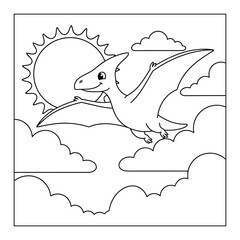 Dinosaur cute cartoon pterodactyl flying in sky with sun and clouds coloring page illustration © Crafter