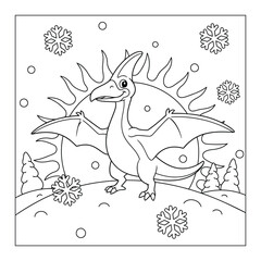 Pterodactyl winter scene cute flying dinosaur with snowflakes and snowy sun background coloring page © Crafter