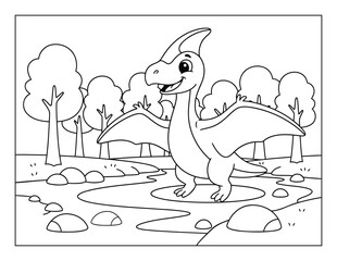 Dinosaur cute cartoon pterodactyl standing by river with wings open coloring page illustration © Crafter