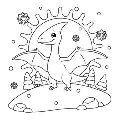 Pterodactyl dinosaur stands on a snowy hill with pine trees and snowflakes for a kids coloring page © Crafter