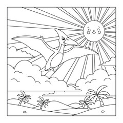 Pterodactyl dinosaur flies through a sunny sky above tropical palm trees for a children coloring page © Crafter