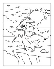 Pterodactyl dinosaur stands on a mountain cliff under a sunny sky with birds for a coloring page © Crafter