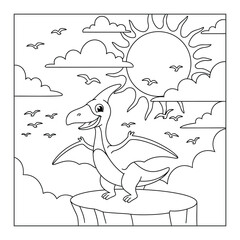 Pteranodon stands on a high mountain cliff under a bright sunny sky for a children coloring page © Crafter