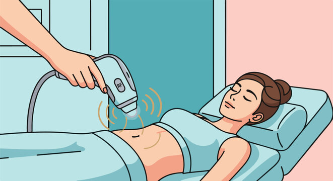 Woman receives non-invasive body contouring treatment on her abdomen