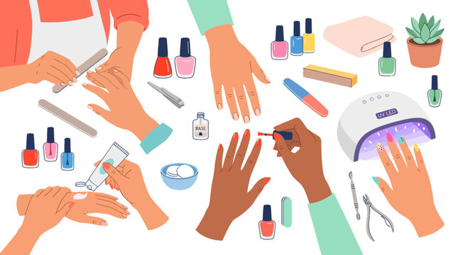 Illustration of various hands getting manicures with nail polish and tools