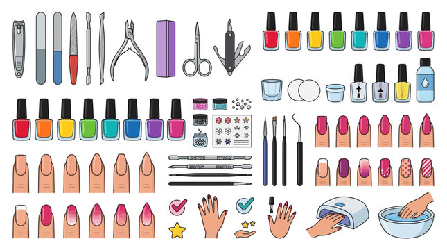 Vector illustration of various nail care and beauty tools