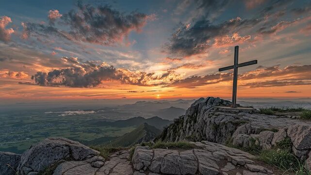 Christian cross on a rocky mountain peak silhouetted against a vibrant sunrise, radiating a powerful spiritual message of faith, peace, and hope over the expansive landscape below
