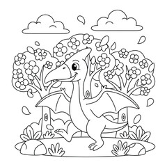 Pterodactyl stands in a garden with blooming flower trees and fluffy clouds for a children coloring page © Crafter