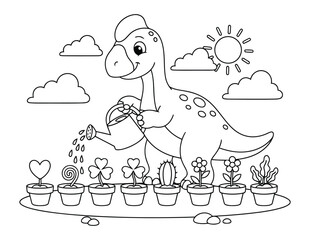 Stegosaurus dinosaur roasts marshmallows over a campfire under a starry night sky for a kids coloring page © Crafter