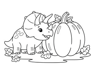 Dinosaur cute triceratops with pumpkin and autumn leaves simple outline illustration coloring page © Crafter
