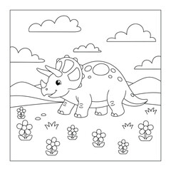 Dinosaur cute triceratops walking in meadow with flowers hills and clouds simple outline coloring page © Crafter