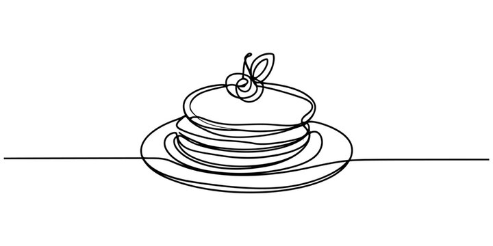 Continuous single line drawing of a stack of delicious pancakes on a plate with a cherry on top for breakfast and morning food menu design concept