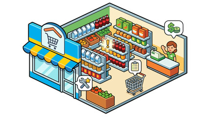 Fototapeta premium Colorful cartoon illustration of a grocery store interior with a shopkeeper