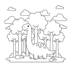 Dinosaur cute long neck prehistoric animal in dense forest with trees and clouds for kids coloring page © Crafter