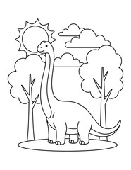 Dinosaur cute long neck prehistoric animal standing in forest with sun and clouds for kids coloring page © Crafter