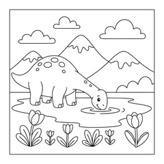 Brachiosaurus dinosaur drinks water from a pond in front of snowy mountains for a children coloring page © Crafter