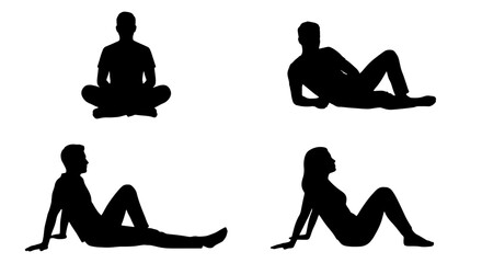 Four black silhouette people sitting and lying down in different poses on a white background Vector © MSTRANI