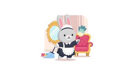 Fototapeta premium A cartoon-style illustration features a bunny dressed as a maid holding a duster and broom, with decor elements