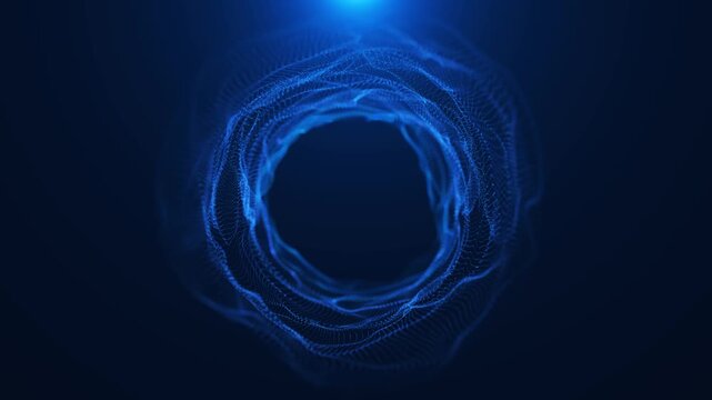 Elegant animated technology background with swirling vortex of glowing sparkling circles and copy space on black background.