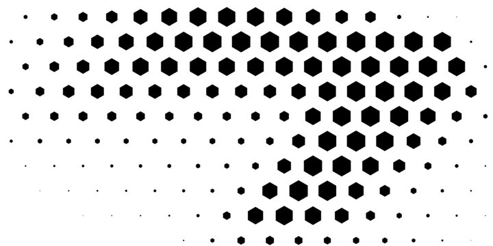 Abstract monochrome background with a black hexagon halftone pattern on white.