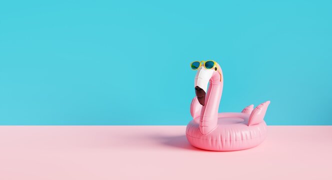 Flamingo float with sunglasses on blue background. Creative idea minimal summer concept. 3d rendering