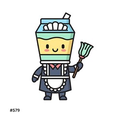 Fototapeta premium A cartoon-style illustration of a dairy product container personified as a maid, holding a mop, complete with a smiling face