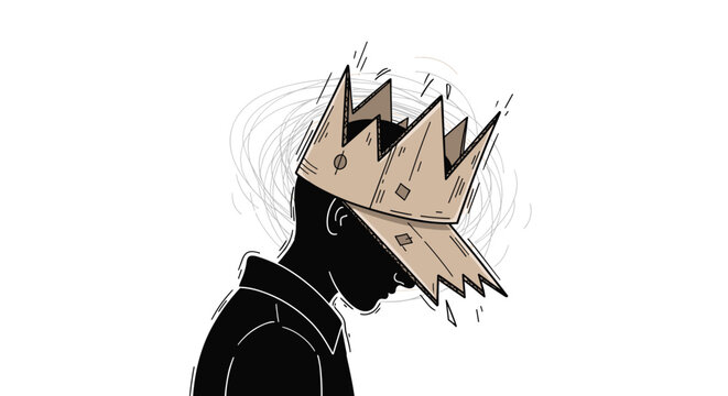 Silhouette of a person wearing a large cardboard crown slipping over their face symbol of burden and pressure, Generative AI.