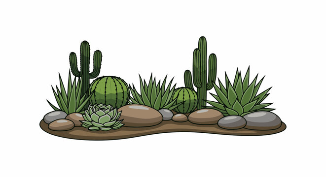 A desert oasis featuring various cacti, succulents, and smooth stones