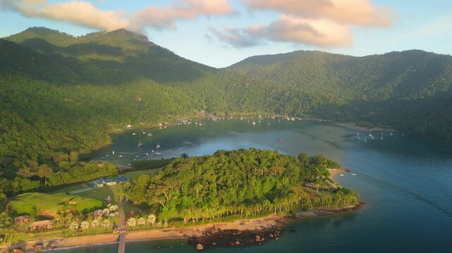 Aerial view of the calm lagoon named Saco do Ceu on the island of Ilha Grande near the town of Angra dos Reis in Brazil