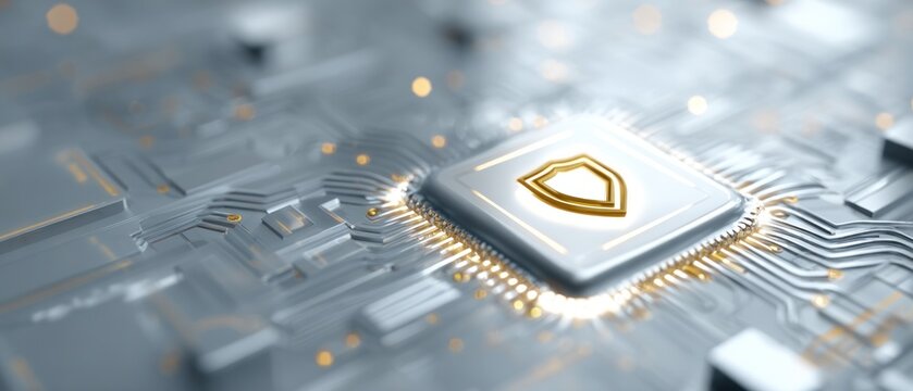 Close up of a central processing unit with a security shield symbol technology concept